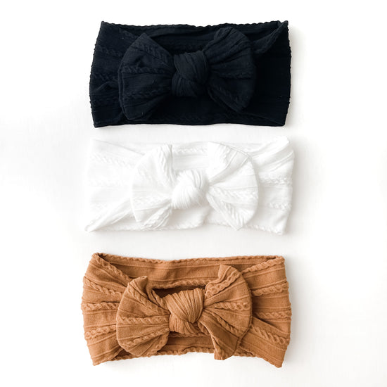 Cable Knit Headband 3-Pack Black, White and Camel