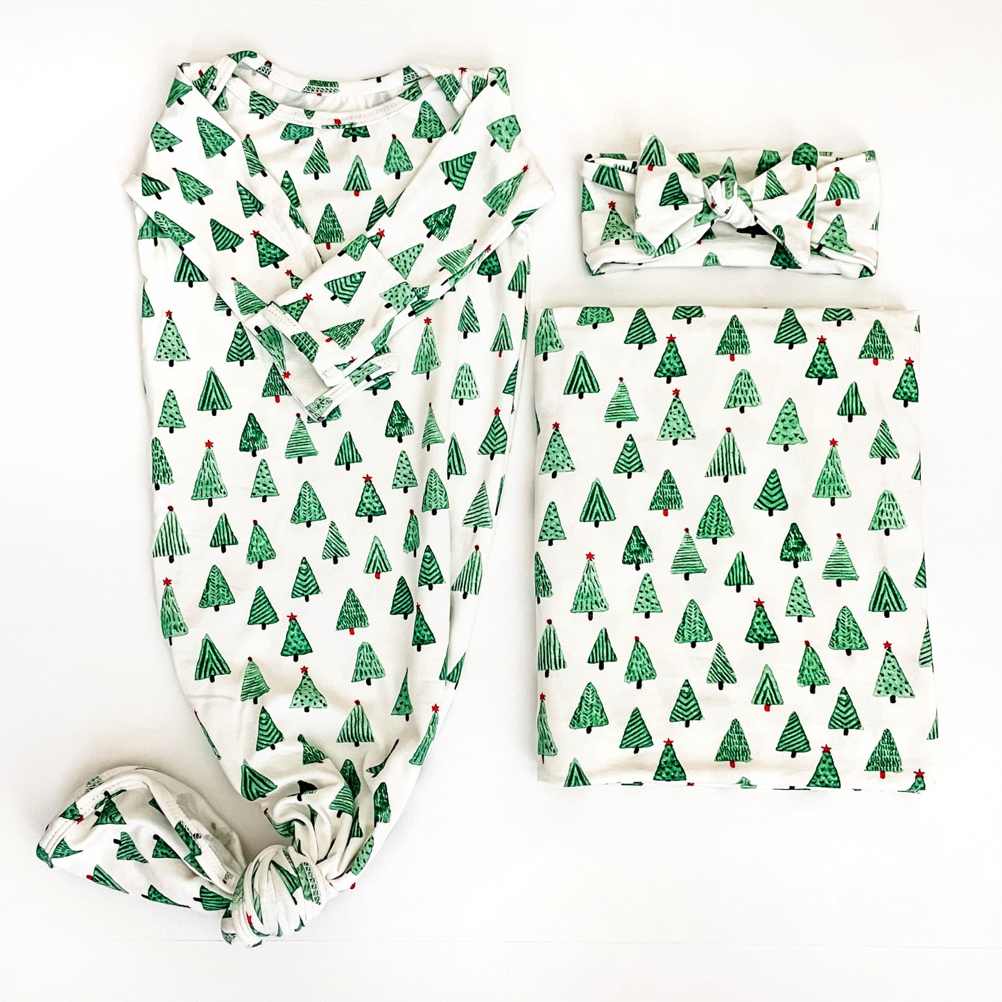 Knotted Gown Bundle with Headband in Christmas Trees