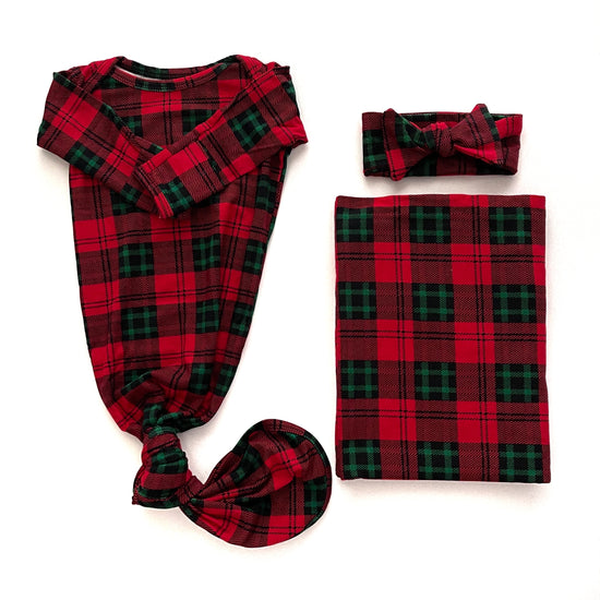 Load image into Gallery viewer, Knotted Gown Bundle with Headband in Christmas Plaid
