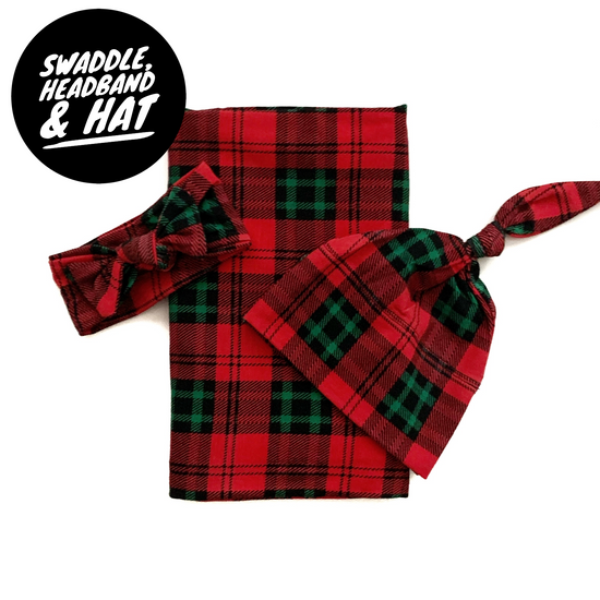 Load image into Gallery viewer, Surprise Gender Christmas Plaid Swaddle, Headband, and Hat Set
