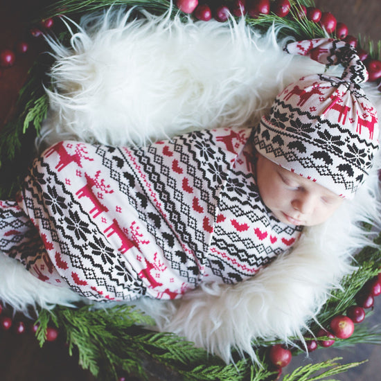Winter Reindeer Swaddle Blanket and Hat Set